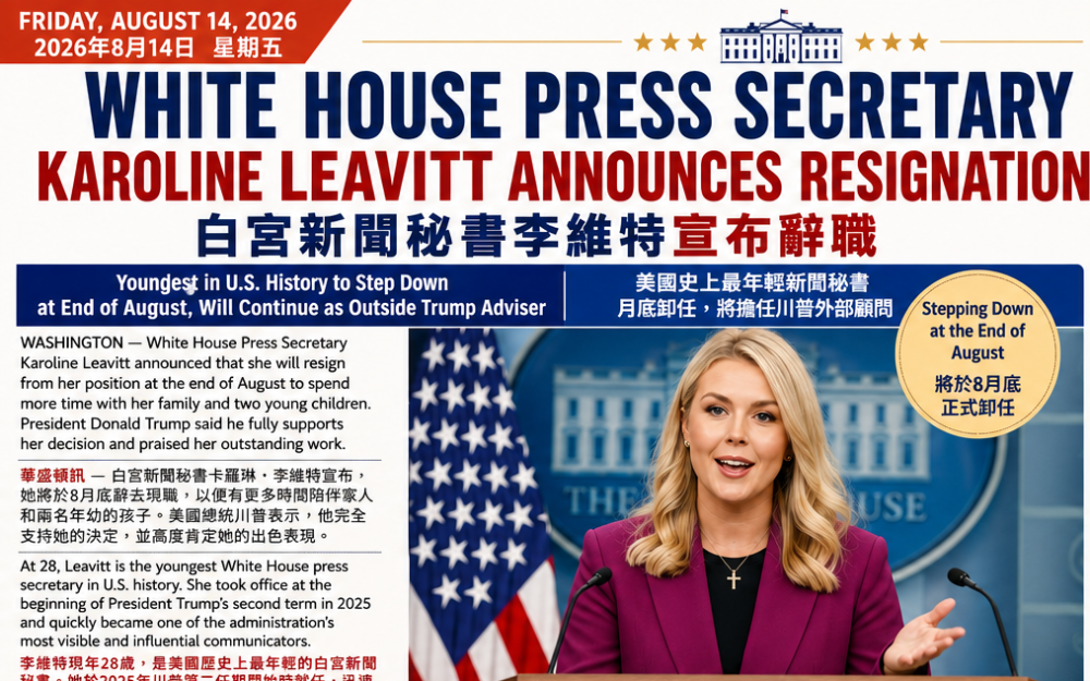 白宮新聞秘書李維特宣布辭職
