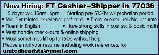 Now Hiring: FT Cashier-Shipper in 77036