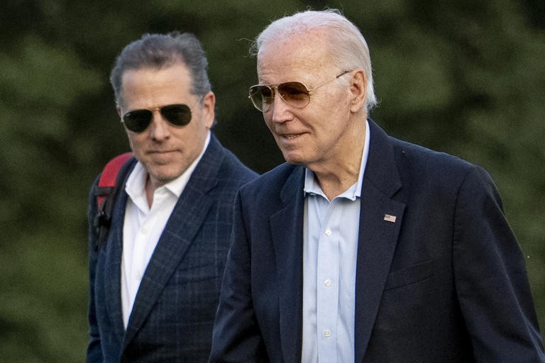 FILE - President Joe Biden, and his son Hunter Biden arrive at Fort McNair, Sunday, June 25, 2023, in Washington. (AP Photo/Andrew Harnik, File)