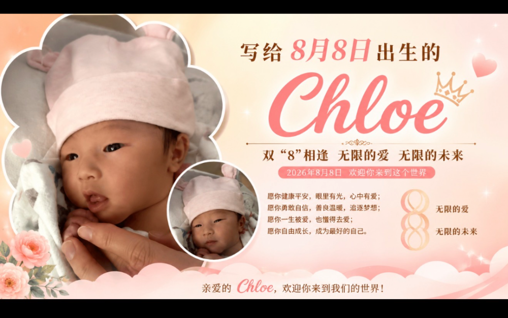 寫給8月8日出生的Chloe——在雙“8”的祝福中，你來到我們的世界