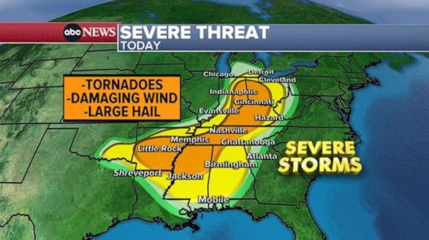 PHOTO: At least 57 Million Americans are under the threat of severe weather today, covering a large area from the Canadian border to the Gulf Coast. (ABC News)