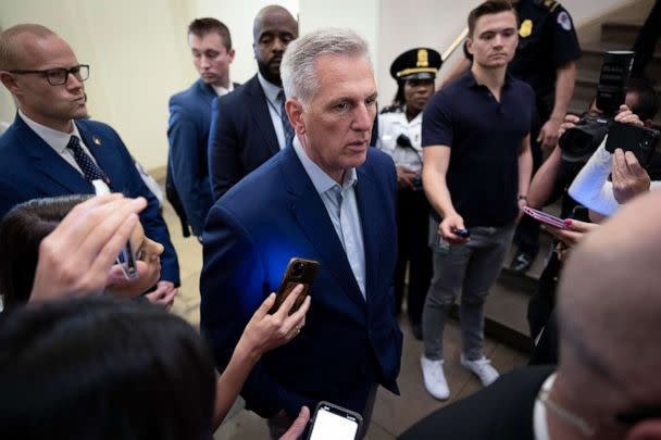 PHOTO: Speaker of the House Rep. Kevin McCarthy speaks to members of the media after arriving at the U.S. Capitol, on May 26, 2023, in Washington, D.C. (Win McNamee/Getty Images)