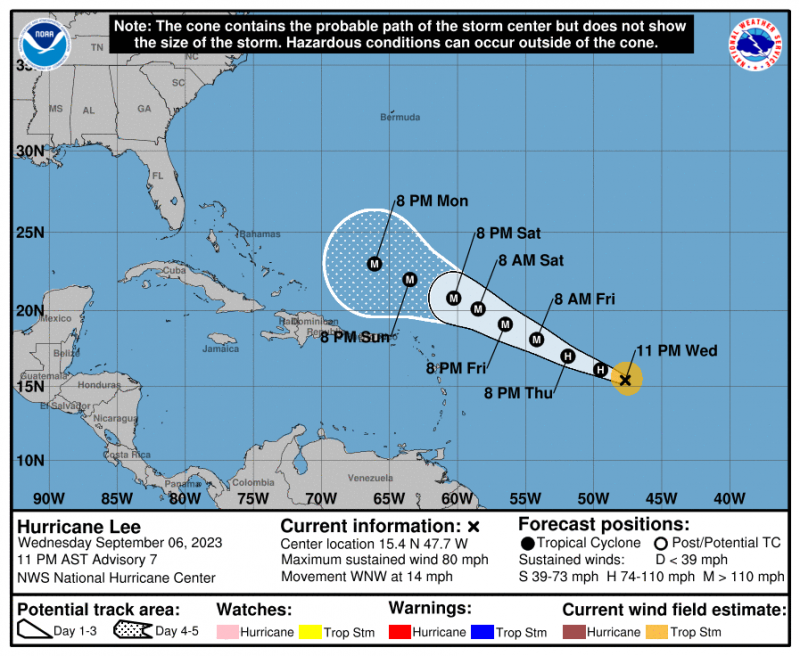 Hurricane Lee's projected path. Sept. 6, 2023.  / Credit: NOAA/National Weather Service