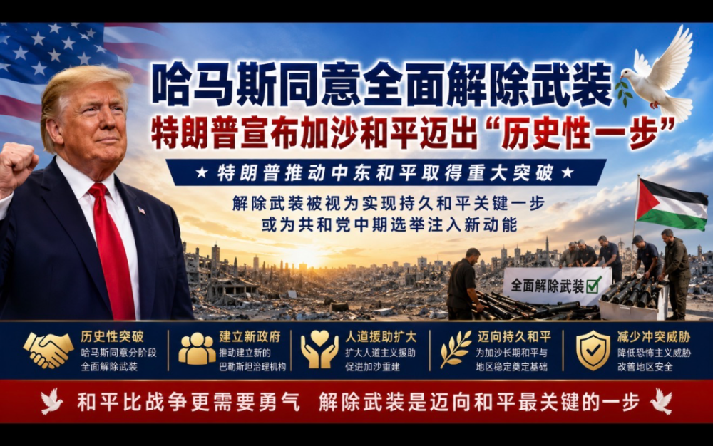 哈馬斯同意全面解除武裝 特朗普宣布加沙和平邁出“曆史性一步”