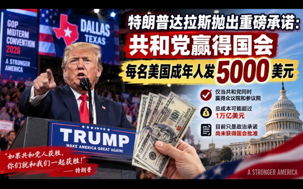 特朗普達拉斯抛出重磅承諾：共和黨贏得國會，每名美國成年人發5000美元