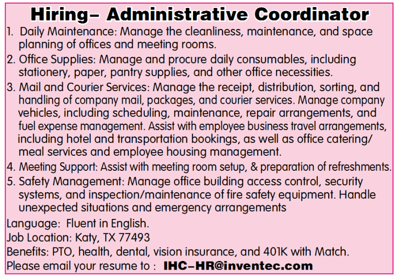 Hiring- Administrative Coordinator