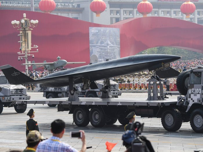 A military vehicle carrying a WZ-8 supersonic reconnaissance drone takes part a military parade at Tiananmen Square in Beijing on October 1, 2019, to mark the 70th anniversary of the founding of the Peoples Republic of China. (Photo by GREG BAKER / AFP) (Photo credit should read GREG BAKER/AFP via Getty Images)