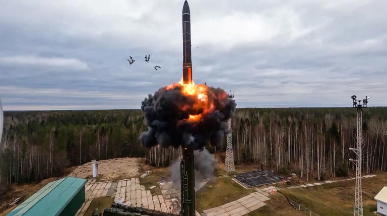 A Yars intercontinental ballistic missile is test-fired as part of Russia’s nuclear drills from a launch site on October 26 (Picture: Russian Defense Ministry Press O/UPI/Shutterstock)