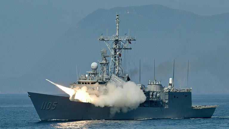 The Taiwanese navy launches a U.S.-made standard missile from a frigate during the annual Han Kuang drill on the sea near the Suao navy harbor in Yilan County July 26, 2022. Sam Yeh/AFP via Getty Images