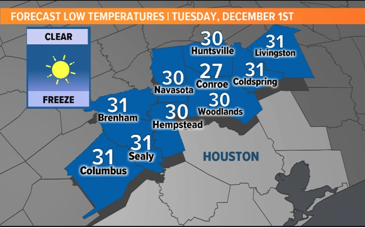 休士頓低溫來襲，這些縣市的冰凍警告持續到周二早上