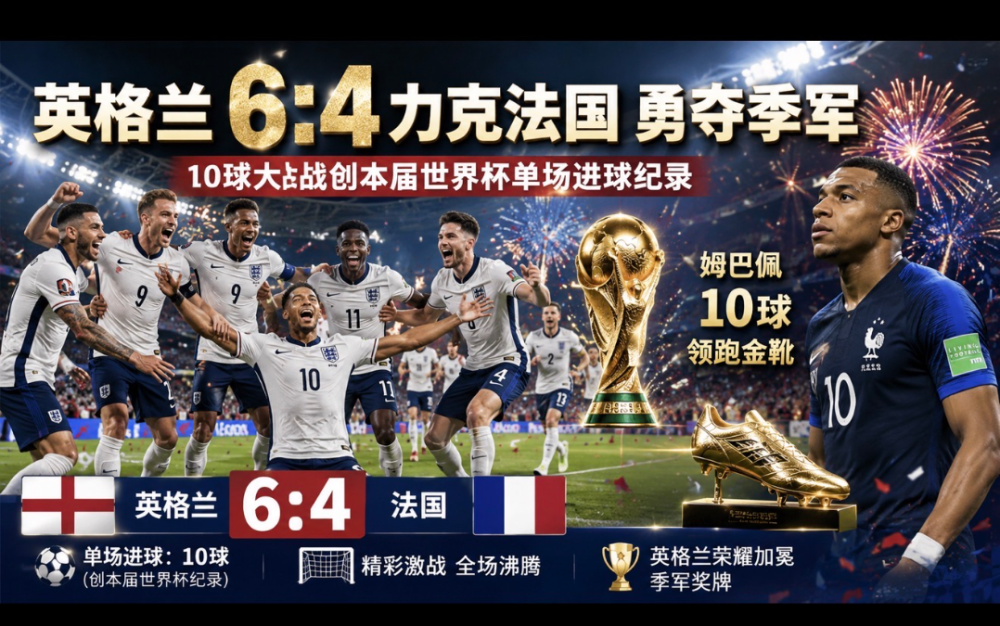 英格兰6:4力克法国勇夺季军  10球大战创本届世界杯单场进球纪录   姆巴佩10球领跑金靴