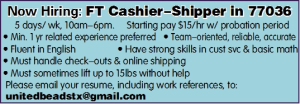 Now Hiring: FT Cashier-Shipper in 77036